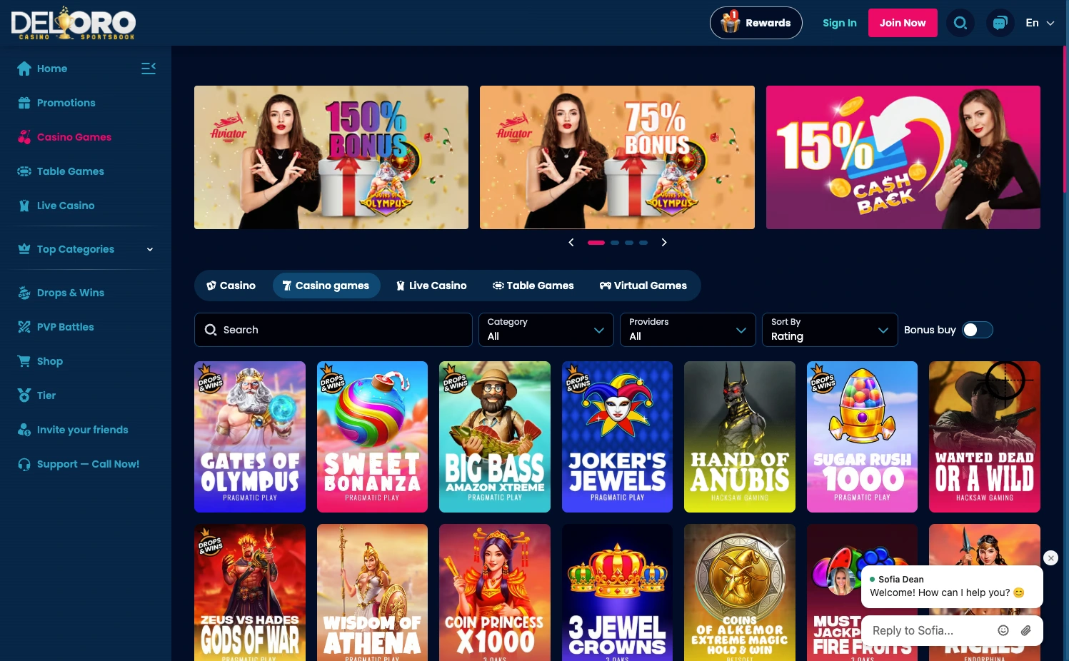 Juegos disponibles en Del Oro Casino