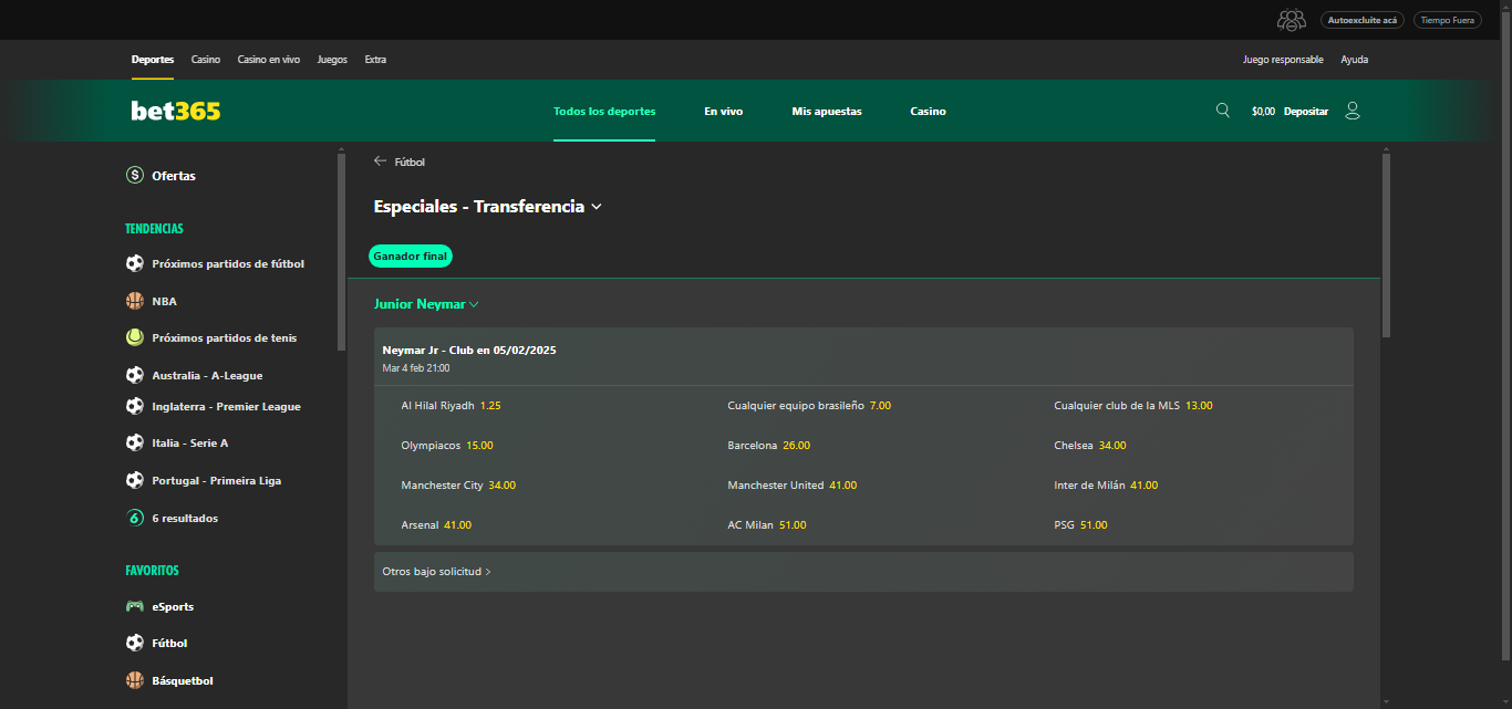 Apuestas en el mercado de pases de bet365