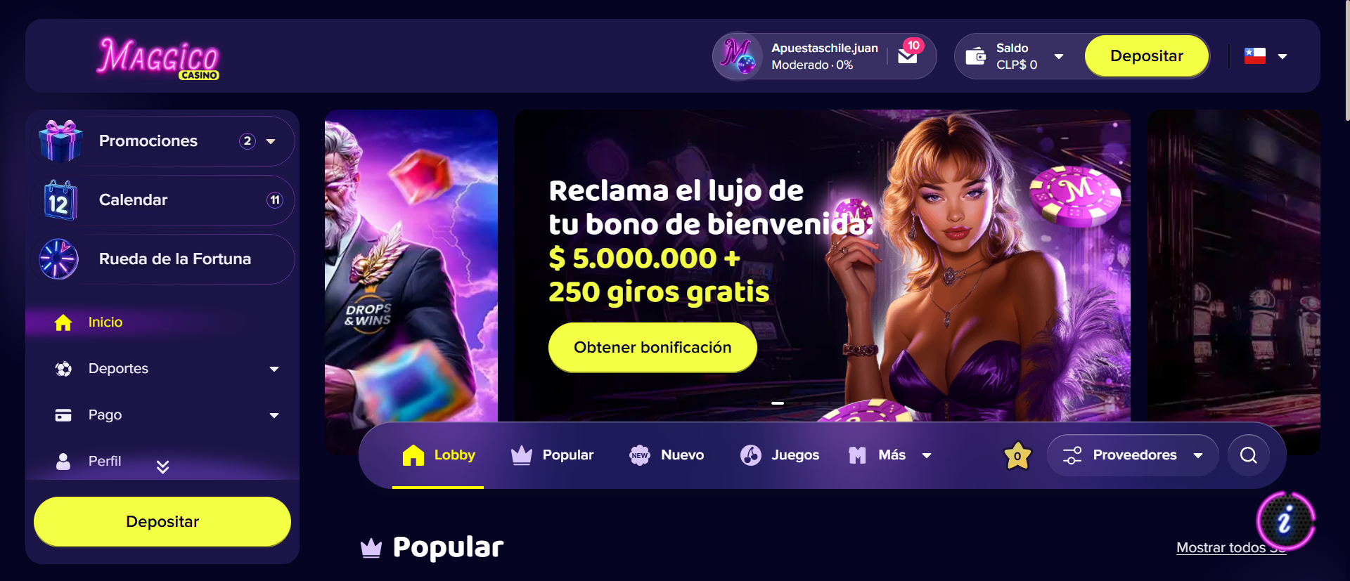 Página principal de la sección de casino de Maggico Casino