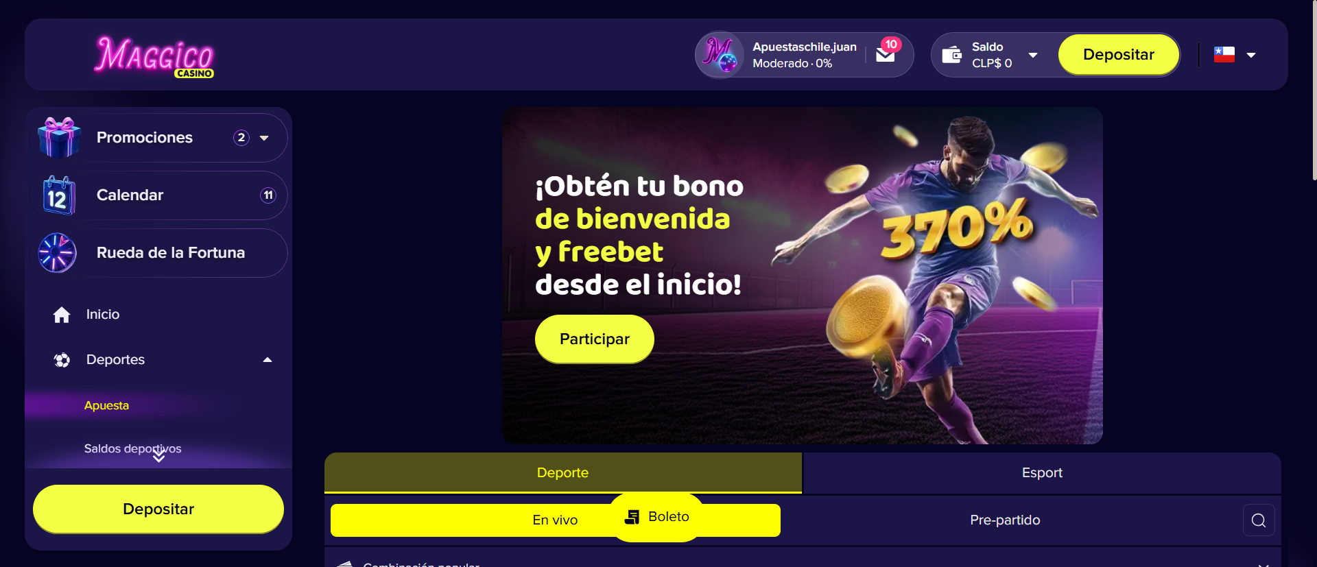 Página de apuestas de Maggico Casino