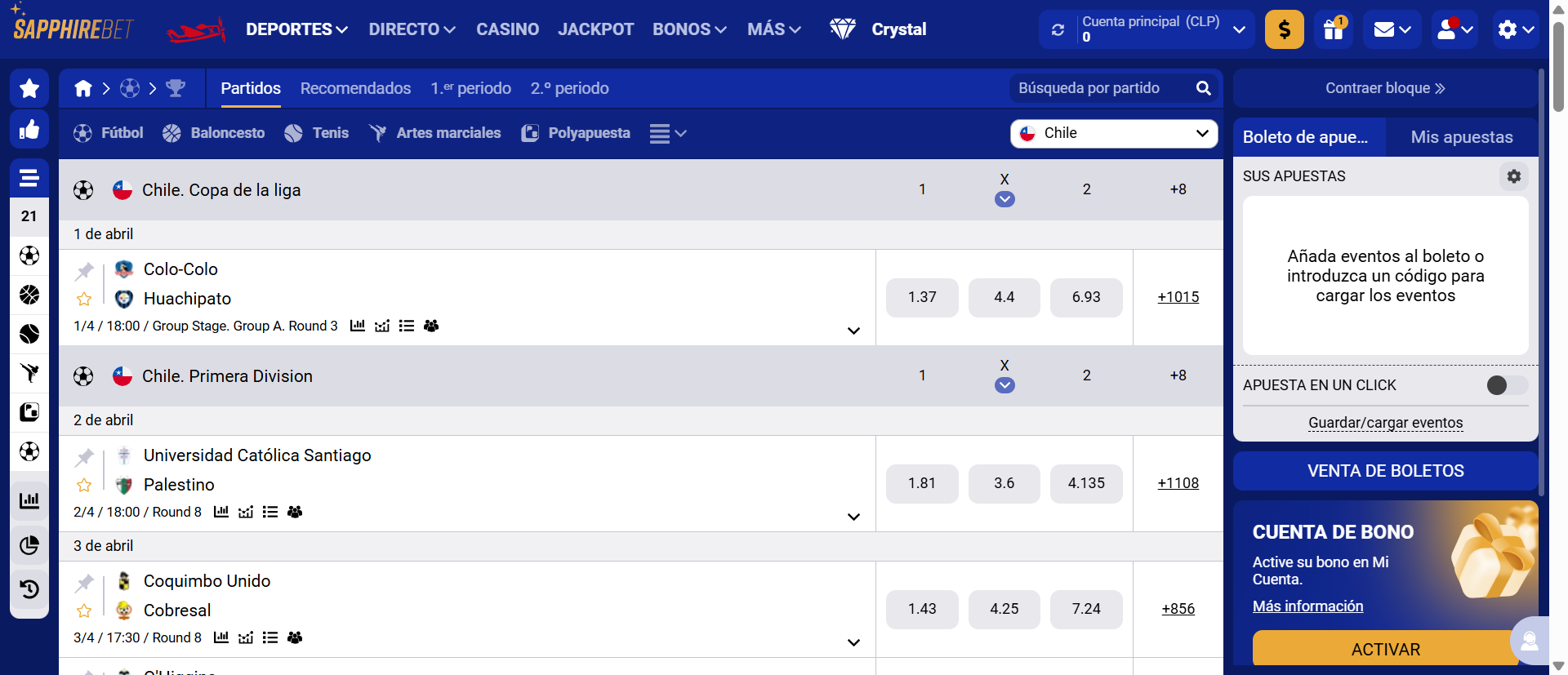 Oferta de apuestas de Sapphirebet Chile