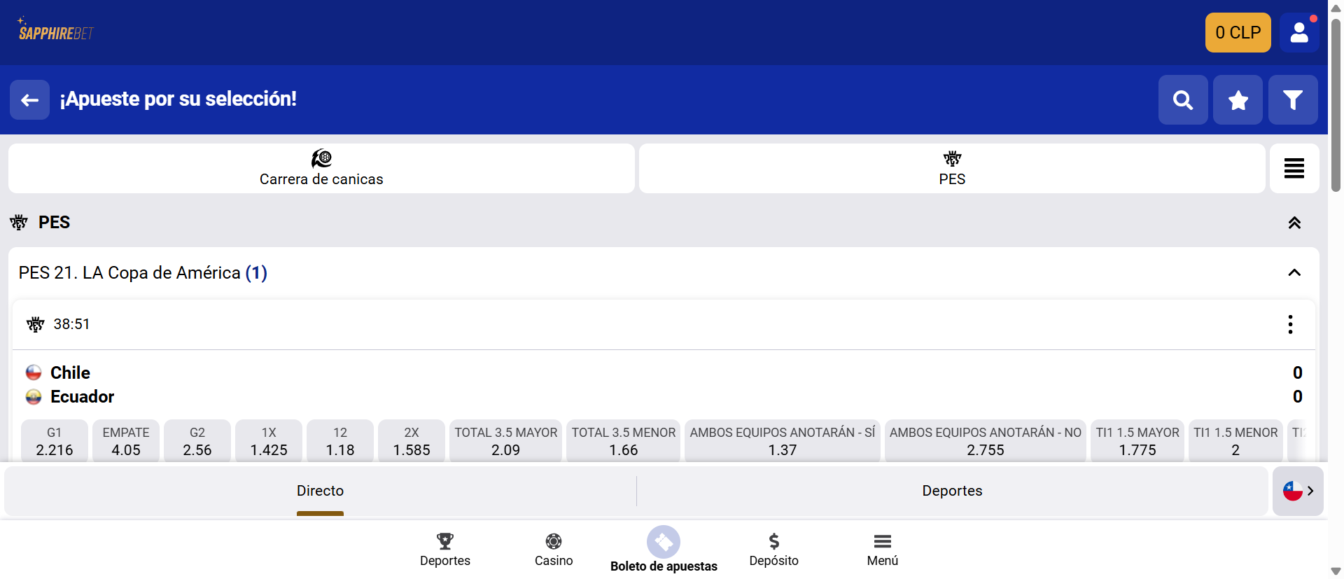 Versión móvil de Saphirebet